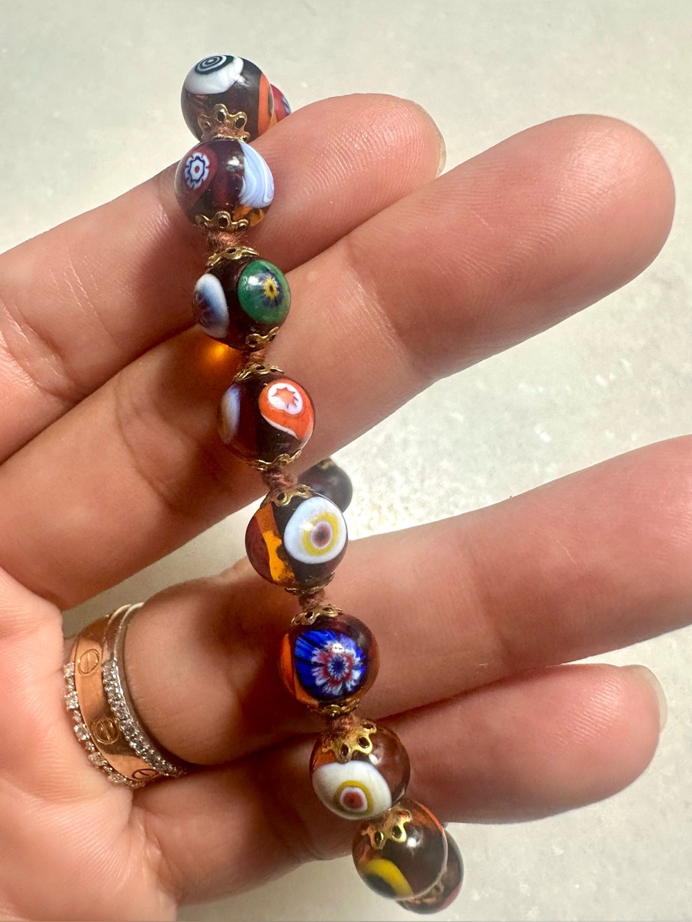 Vintage Millefiori Evil Eye Glass Bead Bracelet Malt Brown & Multicolor 7.5” in